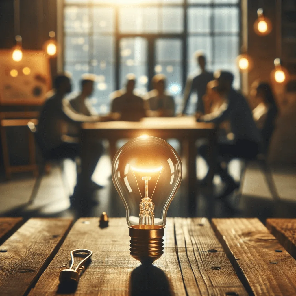 Photo d'une ampoule lumineuse suspendue au-dessus d'une clé posée sur une table. À l'arrière-plan, on peut voir des silhouettes de personnes Photo d'une ampoule lumineuse suspendue au-dessus d'une clé posée sur une table. À l'arrière-plan, on peut voir des silhouettes de personnes